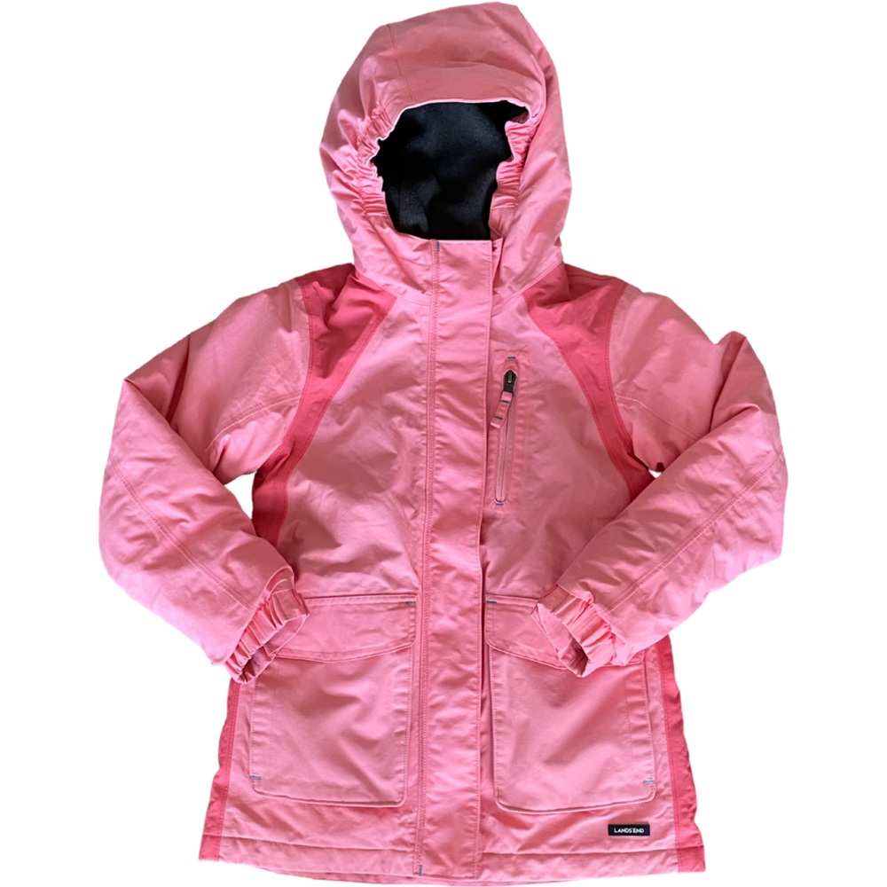 Lands’ End Squall Jacket Girls Large Pink Waterproof All-Weather Hooded